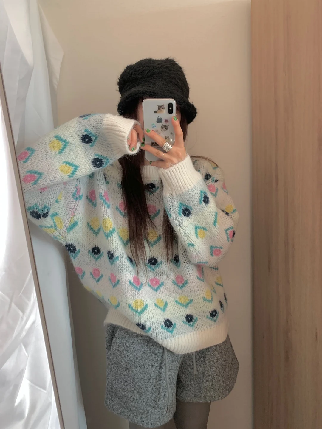 Korean Style round Neck Loose Knitted Sweater  Floral Pattern Anti-Aging Cute Autumn New Arrival Women's Casual Top