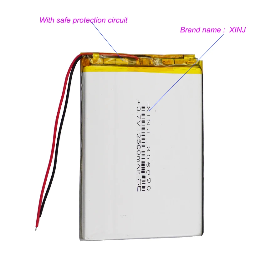 3.7V 2500mAh 9.25Wh Li-Polymer Replacement Li Lipo Battery JST 2Pin 1.0/1.25/1.5/2.0/2.54mm Connector 356090 For GPS Camera LED