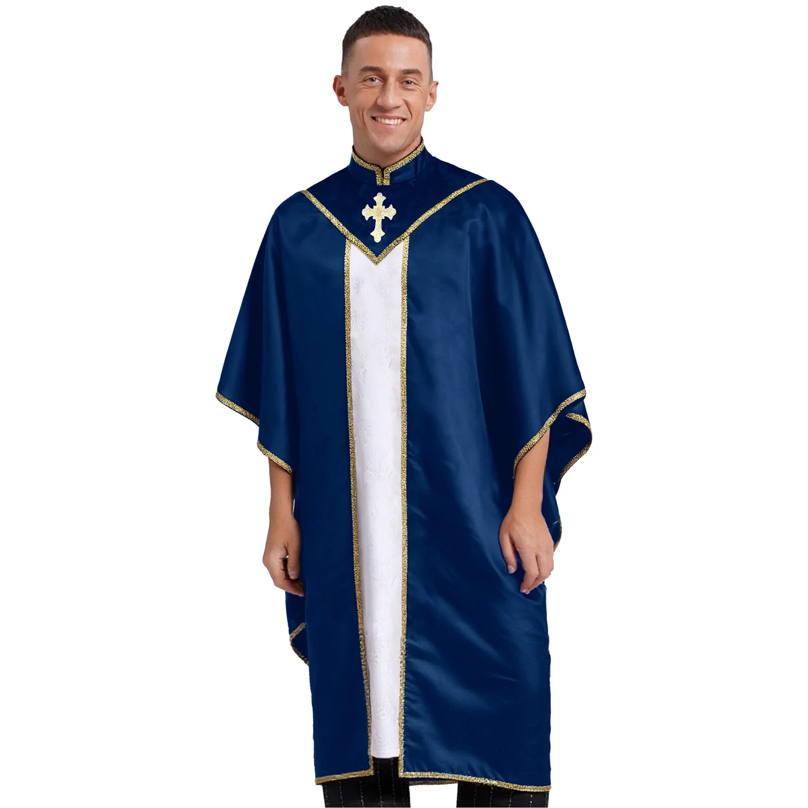 رجل القس الكاهن سترة الذهب تقليم التباين بلوفر ملون كيب Chasuble كاسوك للكنيسة رجال الدين هالوين أداء رداء
