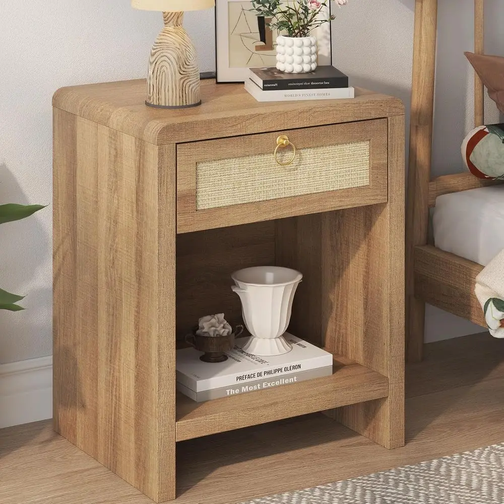 

Rattan Nightstand Set of 2 with Charging Station, Boho Bedside Table with Drawer and Shelf for Bedroom, Natural Oak bedside