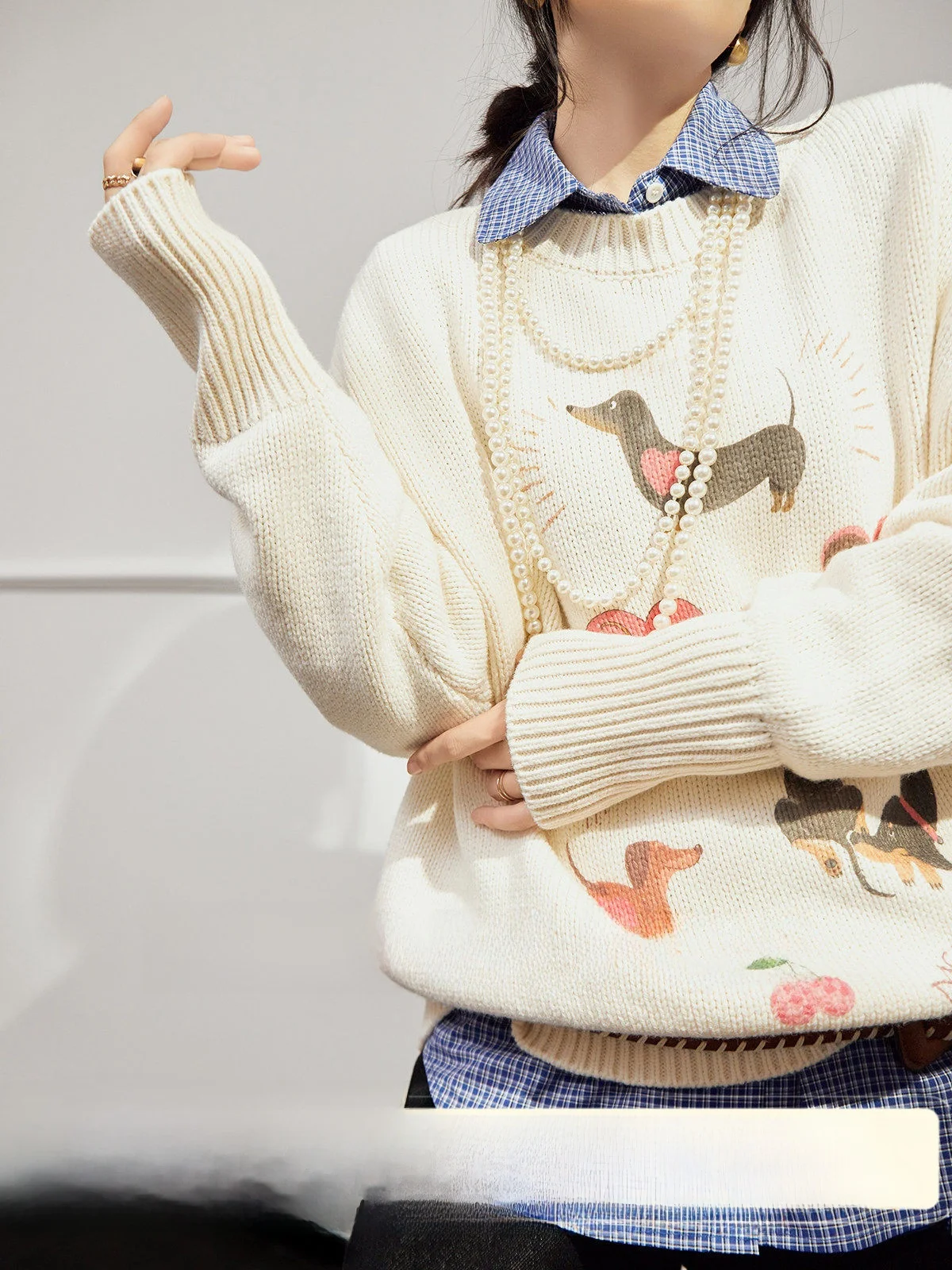 

White Knitted Loose Sweater for Women Commuter Sle Autumn Winter New Arrival Uncle Brand round Ne Long Sve