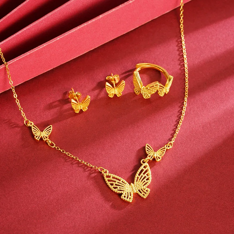 

Роскошное женское ожерелье из чистого золота 24 карата 9999, комплект серег с полой бабочкой и кольцом