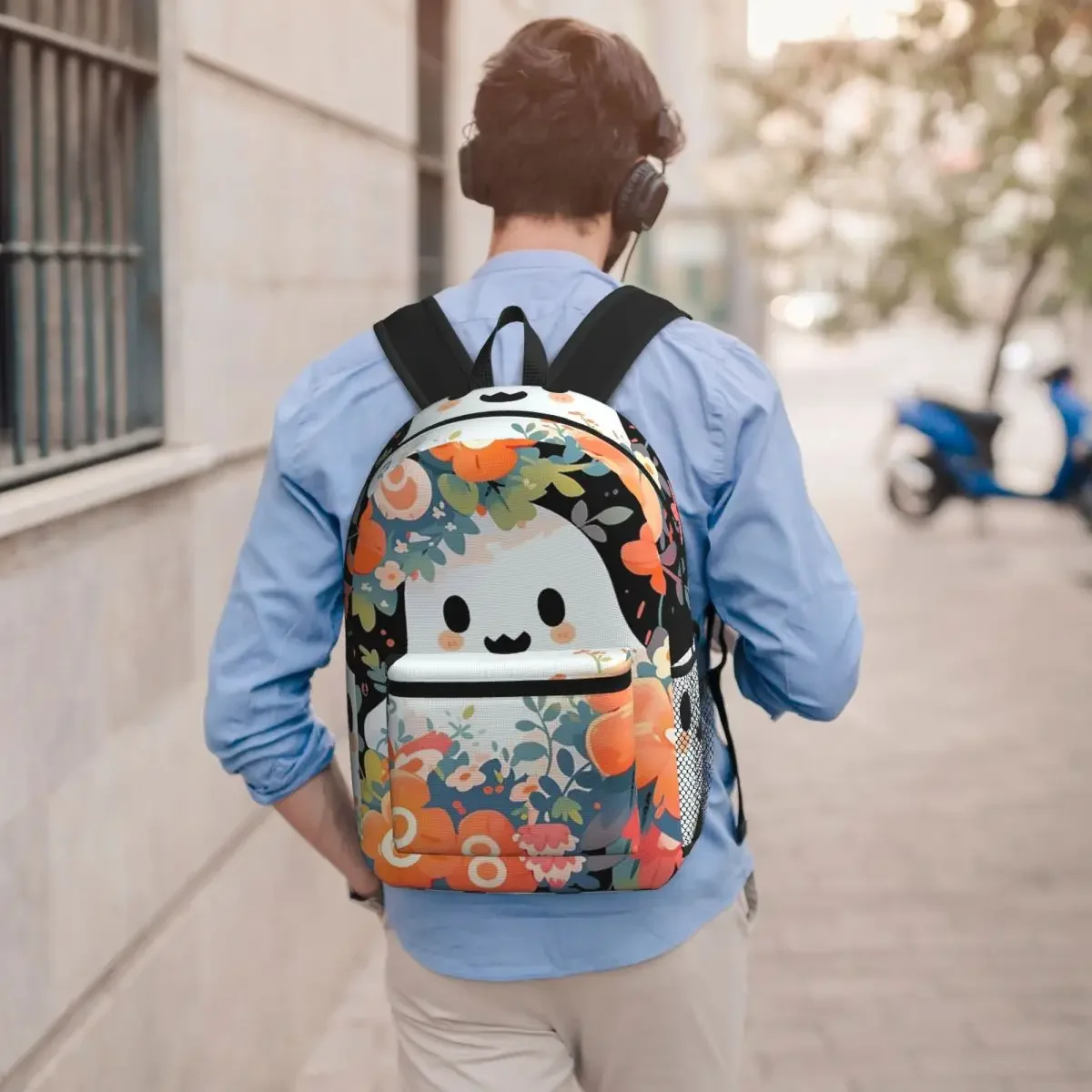 Cute Ghost Surrounded By Wild Flowers Student Backpack School Bag Hiking Travel Daypack for Men Women Bookbag Shoulder Bags
