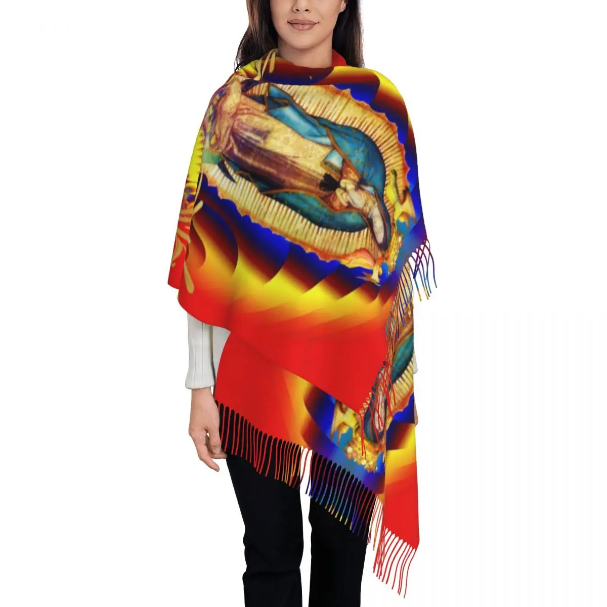 

Шарф Богоматери Гваделупской для женщин, длинные зимние теплые шаль с кисточками, унисекс, католические шарфы Святого Иисуса