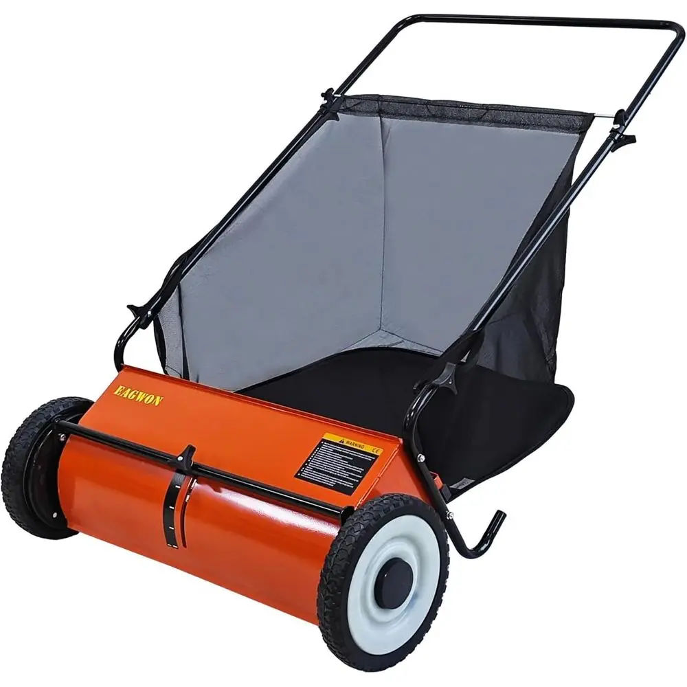 

Push Lawn Sweeper, 26-Inch Width, 7 Cu. t. Hopper acity, 4 Spinning Brushes, Adjustable Height, Durable Steel e with Rubber Whee