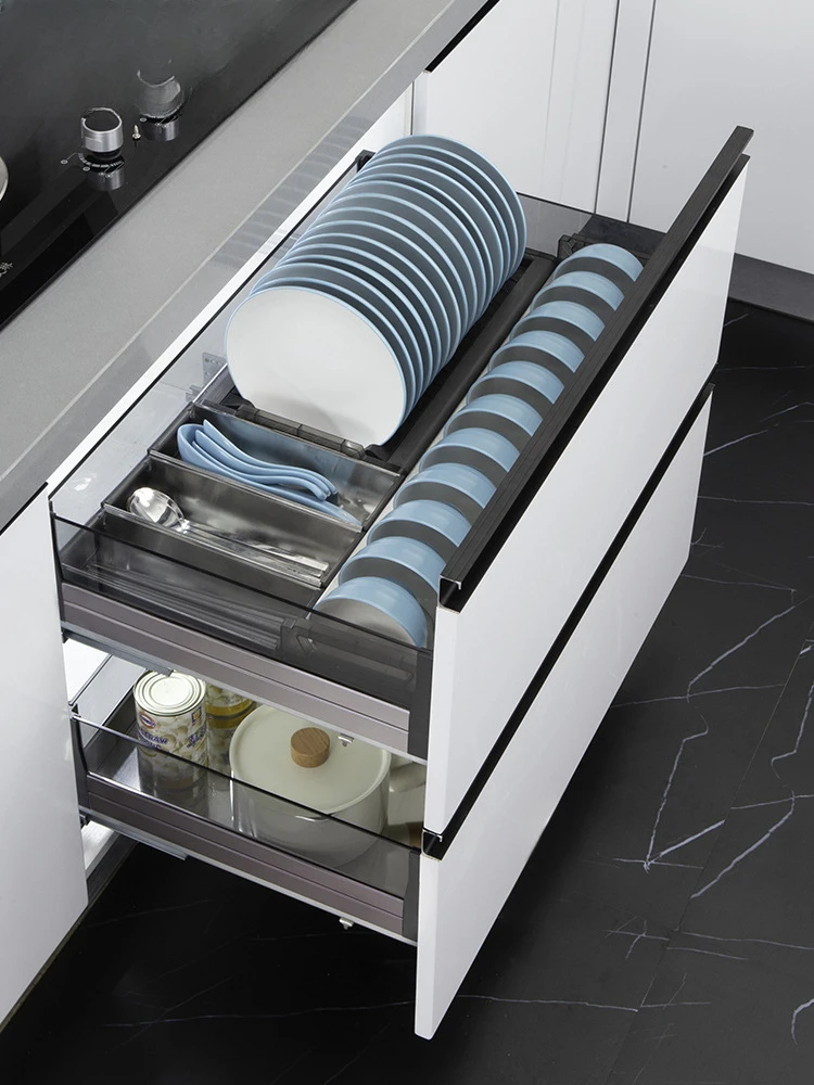 Basket kitchen cabinets built-in drawer-type double-layer space aluminium dishware tools basket kitchen cabinets pots