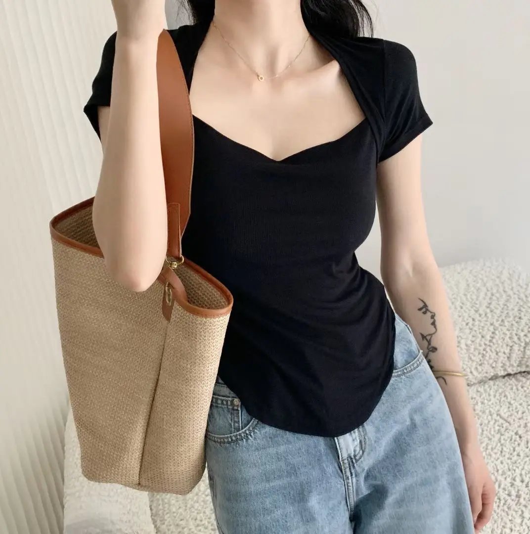 Korean Fashion Square Neckline T-shirts Women Sexy Low Cut Kpop Tops Y2K Vintage Slim Tees Cheap Clothes Woman Black Tshirts