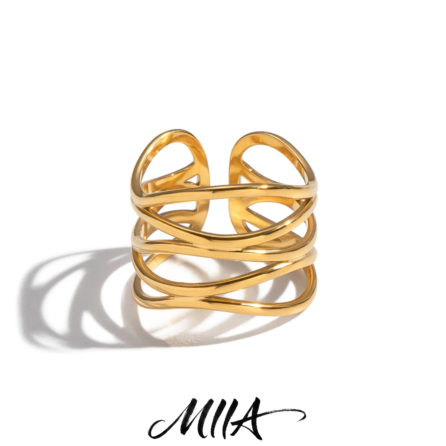 Miia INS Style Multi-Layered Hollow Open Rings for Women 18K Gold Plated Stainless Steel Charm Daily Waterproof Jewelry