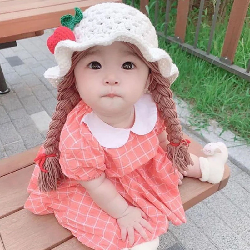 2-4Y Handmade Knitted Cute Baby Girl Wig Hat Infant Wigs Brades Kid Crochet Hat Caps With Plaits Photography Props Headwear