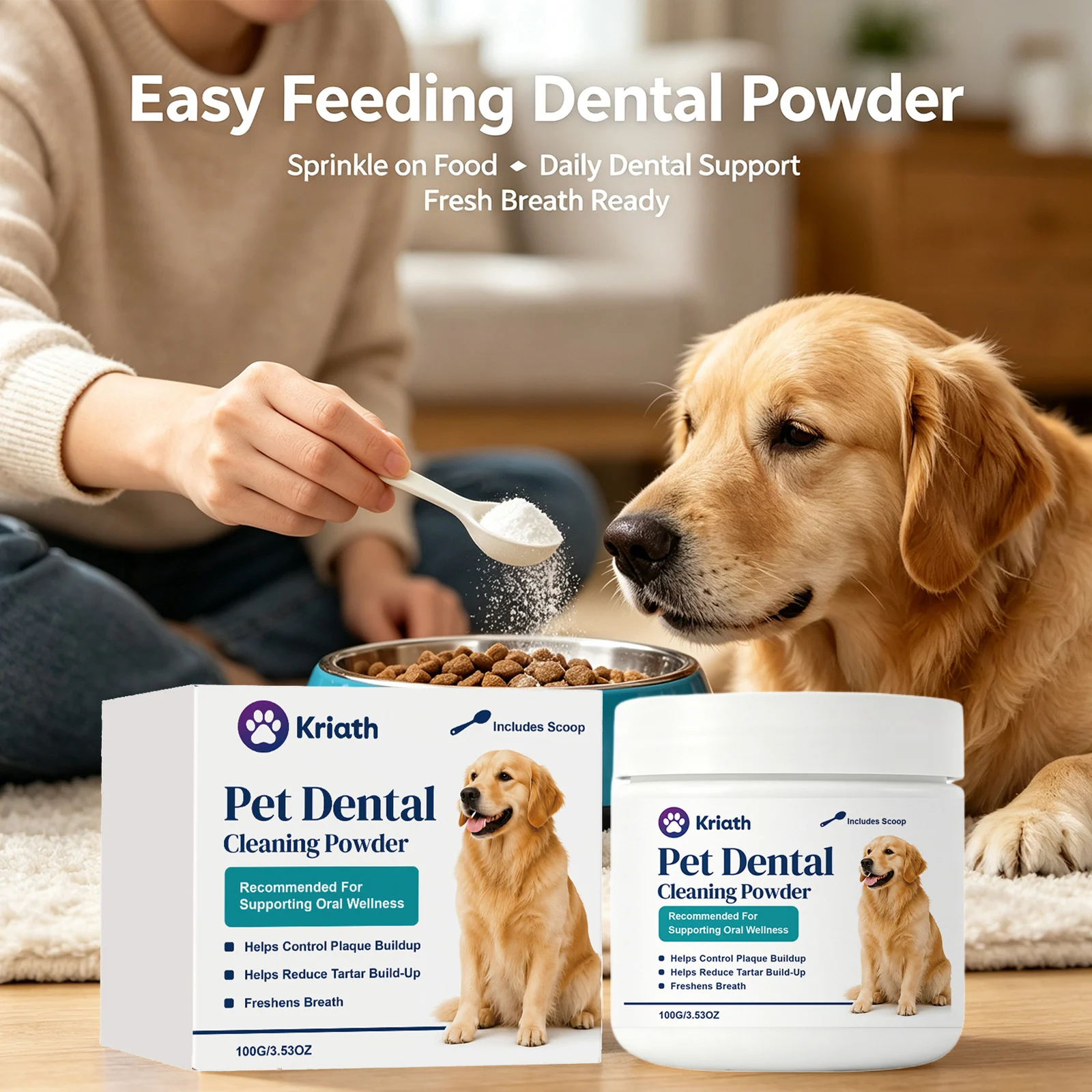 Kriath Pet Dental Cleaning Powder Remove Tartar Reduce Plaque Build‑up Freshens Breath Daily Dog Oral Wellness Supplement Powder