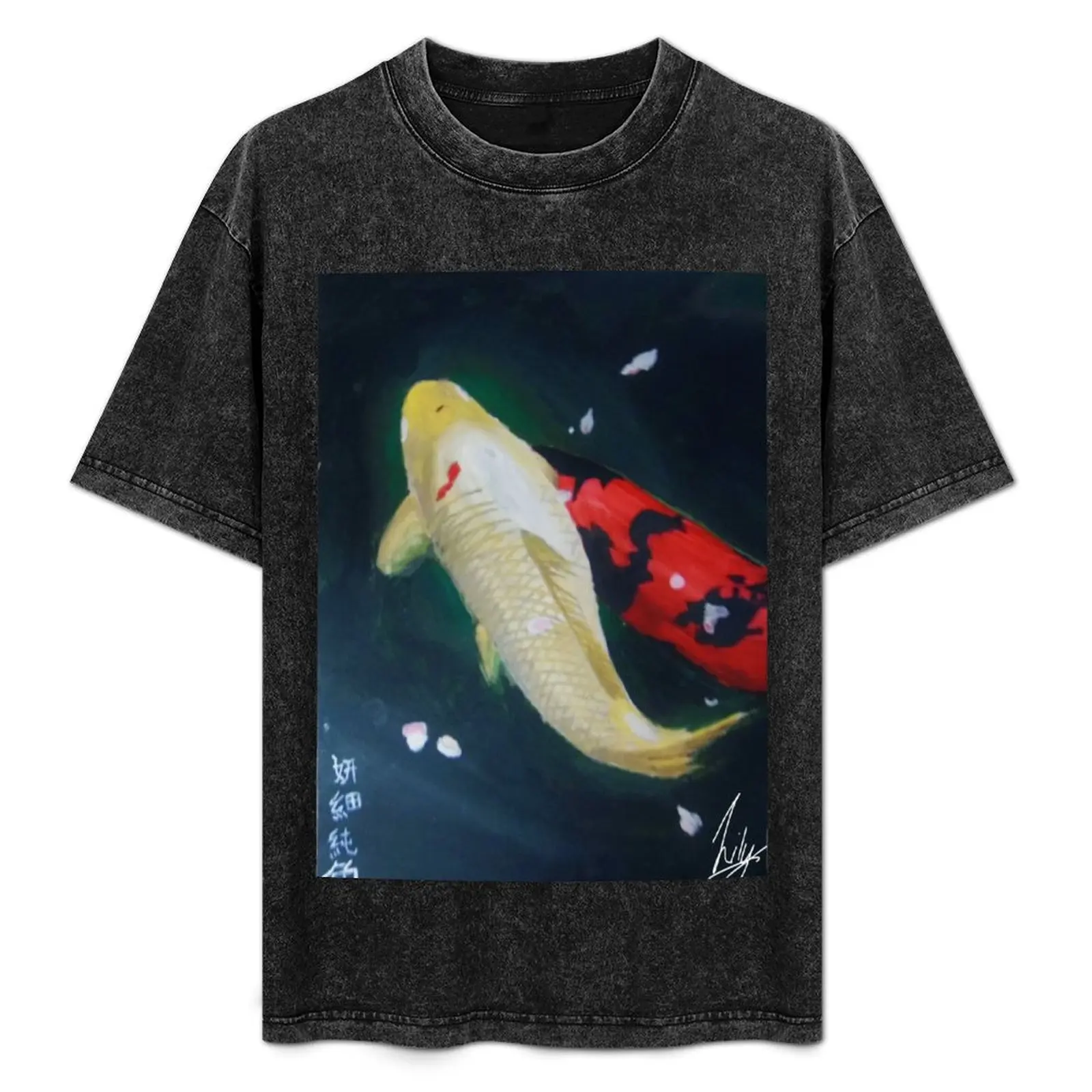 

Koi Fish Painting Japanese Style Blossom Petals T-Shirt Stretch Fabric Comfort T-Shirt