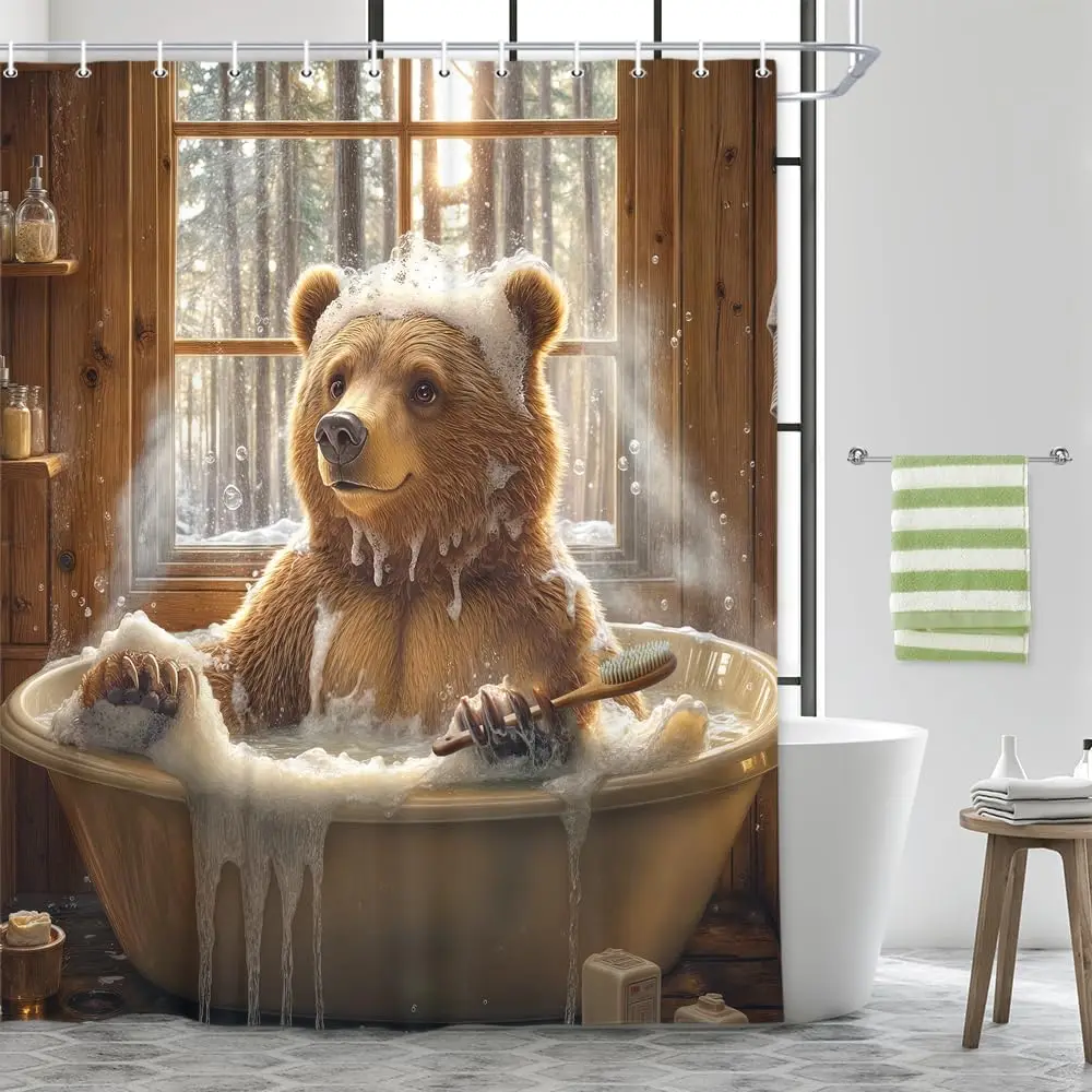 Brown Bear Taking Bubble Bath Shower Curtain with Wooden Tub and Forest Window View Cozy Bathroom Decor