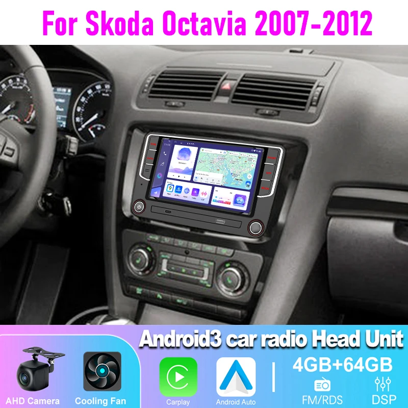 

7" 4-64GB Car Radio For Skoda Octavia 2007-2012 Wireless CarPlay Android 13 Auto Head Unit GPS BT WIFI Reversing Input