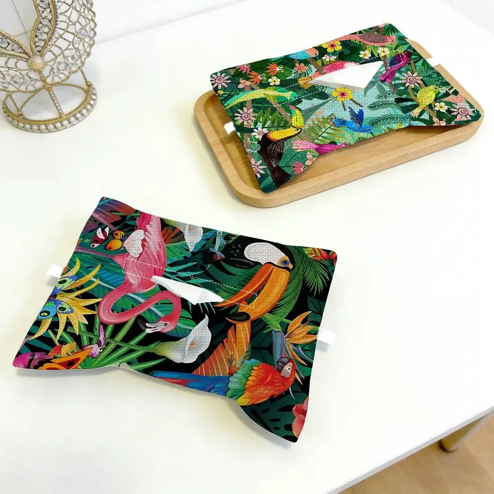 Tropical Parrot Jungle Linen Car Tissue Box Holder Hanging Napkin Case Durable Auto Interior Organizer Universal Accessories