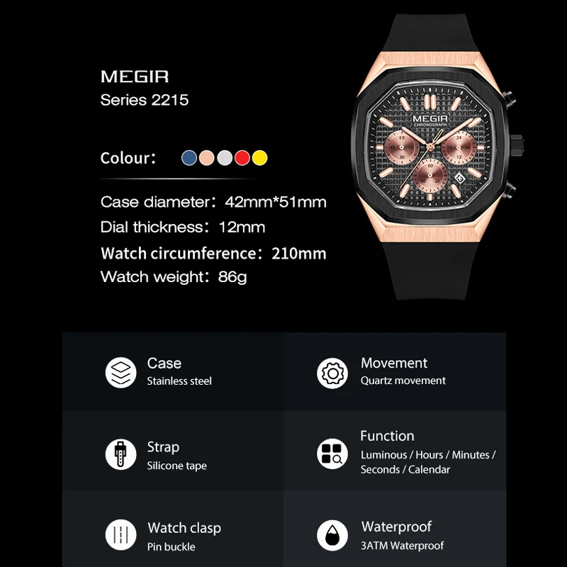 MEGIR Student Sport Watch Men Military Chronograph Quartz Wristwatch Youth with Date Octagon Dial Luminous Hands Silicone Strap