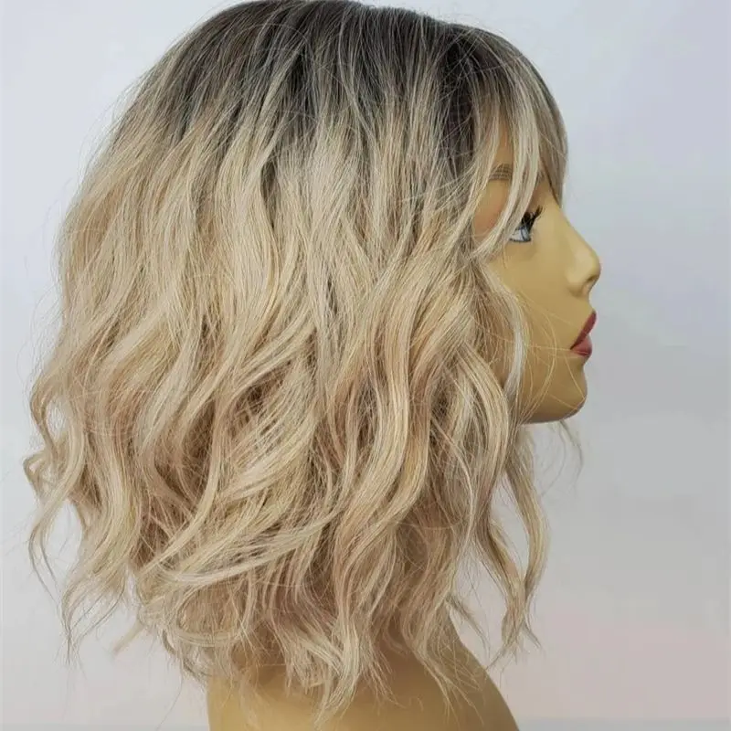 12 Inches Short Water Wave Bob With Bangs Ombre Ash Platinum Blonde Water Wave Synthetic Hair Transparent Lace Front Women's Wig