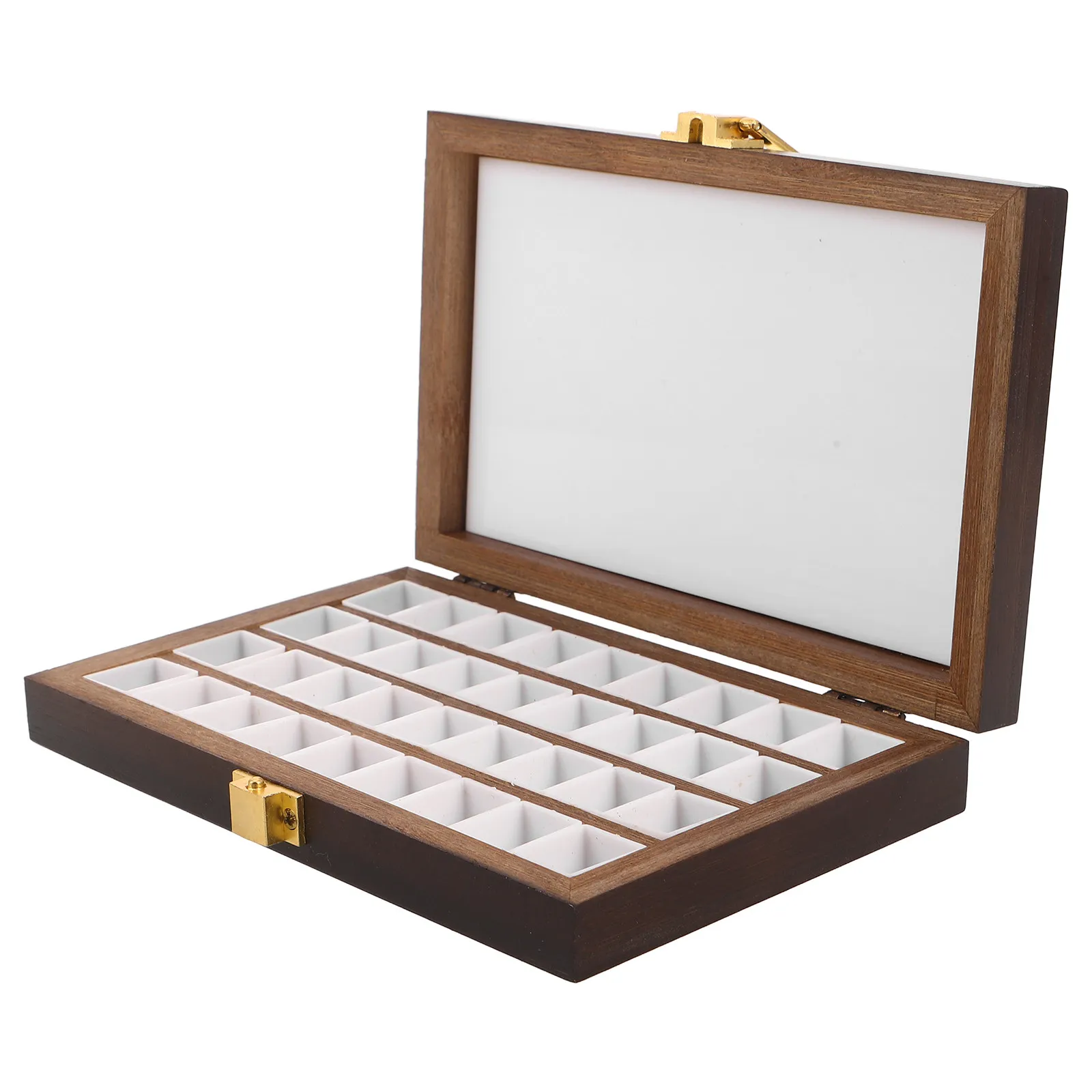 Portable Watercolor Palette Box 36 Half Pans Black Walnut Paint Organizer Lid Lock Travel Mixing Tray Portable Paint Box
