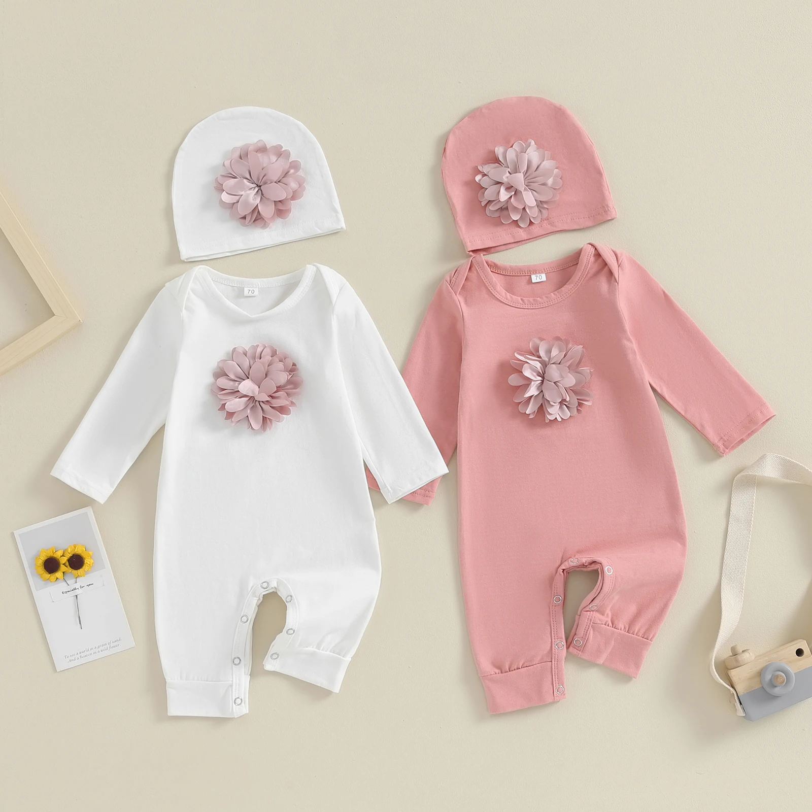 VISgogo-peleles 2 cs para recién nacido, ropa de primavera y otoño para niña, Mono de mezcla de algodón Floral, conjunto + traje de sombrero para