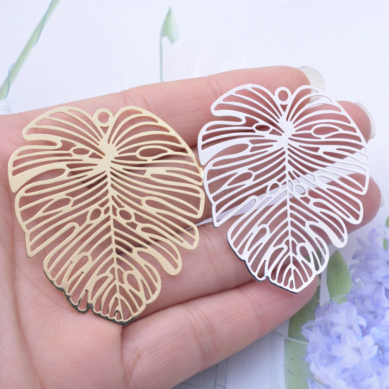 6 pièces 50*44mm bijoux accessoires couleur or clair argent grande feuille breloques couleur argent boucle d'oreille charme