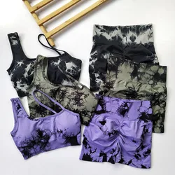 Conjunto de ioga sem costura Tie Dye para mulheres, sutiã acolchoado, cintura alta, calções de ginástica, ternos de treino, roupas esportivas, verão, 2 peças