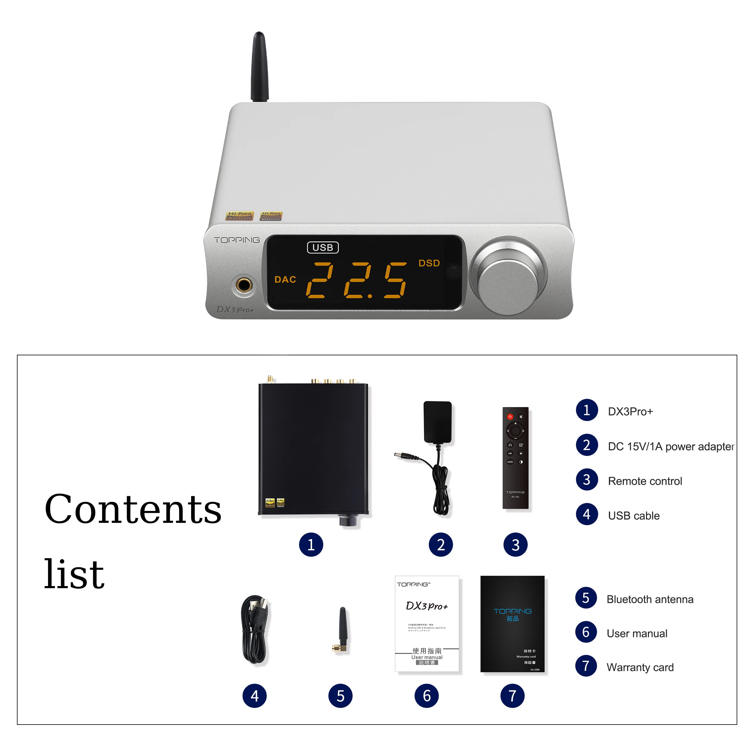 Topping DX3 Pro+ 3,5 mm NFCA hoofdtelefoonversterker en USB DAC-combinatie, met een uitgangsvermogen van 1800 mW voor 32 Ω/250 mW en 300 Ω in-ear monitors.
