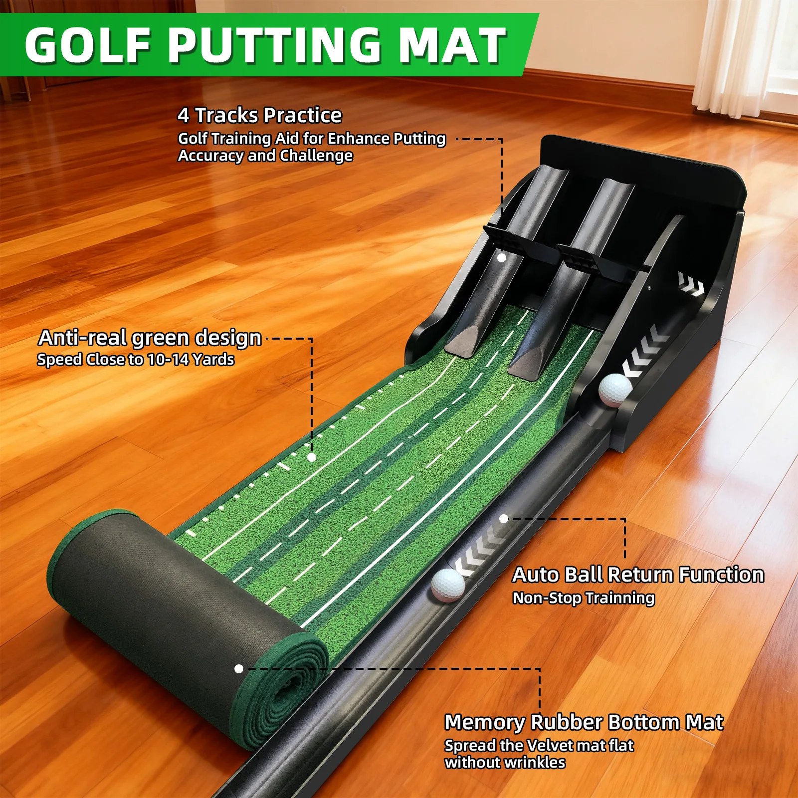 Putting Green Indoor Mat Golf Putting Mat with Automatic Ball Return & 4 Balance Boards Putting Mat Ideal for Home Outdoor Use