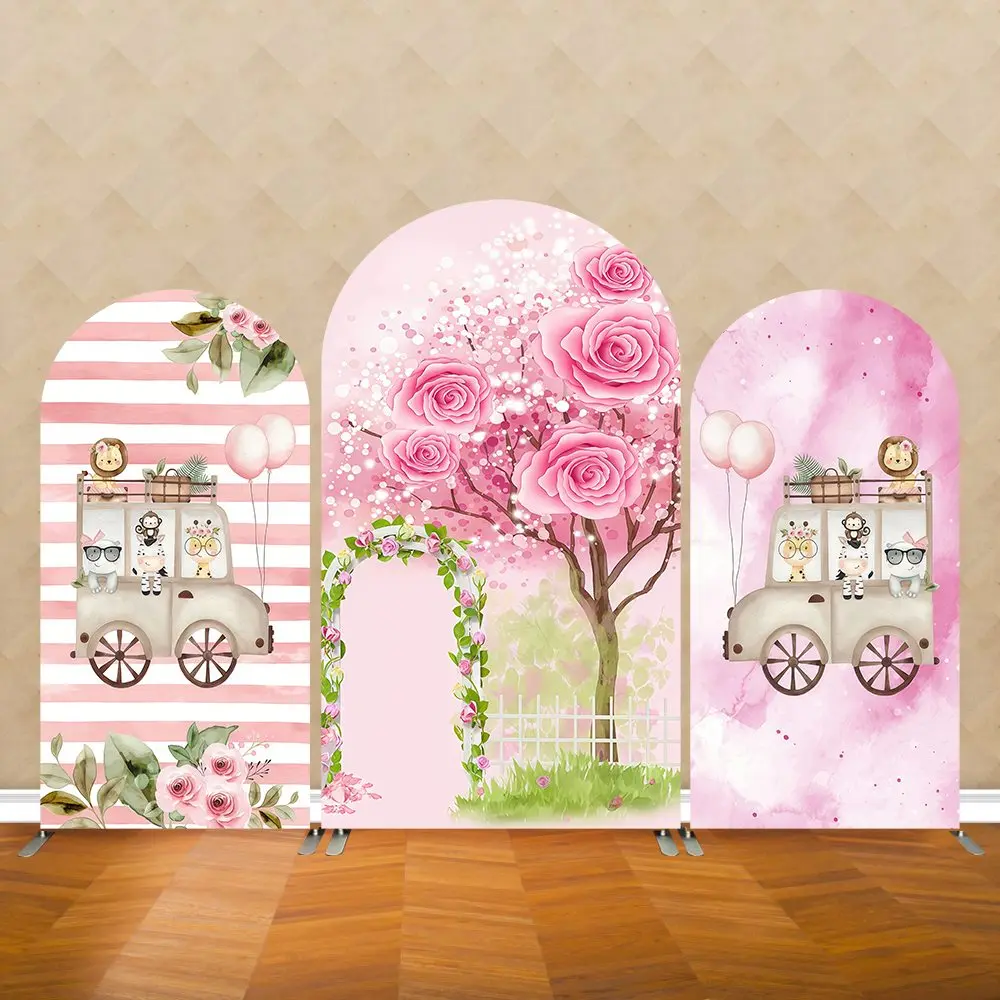 Toile de fond arche Safari rose pour fête d'anniversaire de filles, motifs dessin animé, fleurs, animaux, camion, pour enfants, thème Wild One, couvertures de fond mural en arche