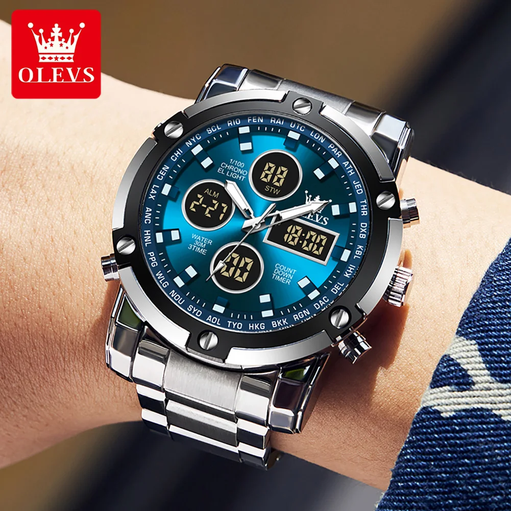 OLEVS New Dual Display Men Watches Luxury Sport Waterproof Quartz Electronic Watch For Men Fashion Steel Luminous Chronograph