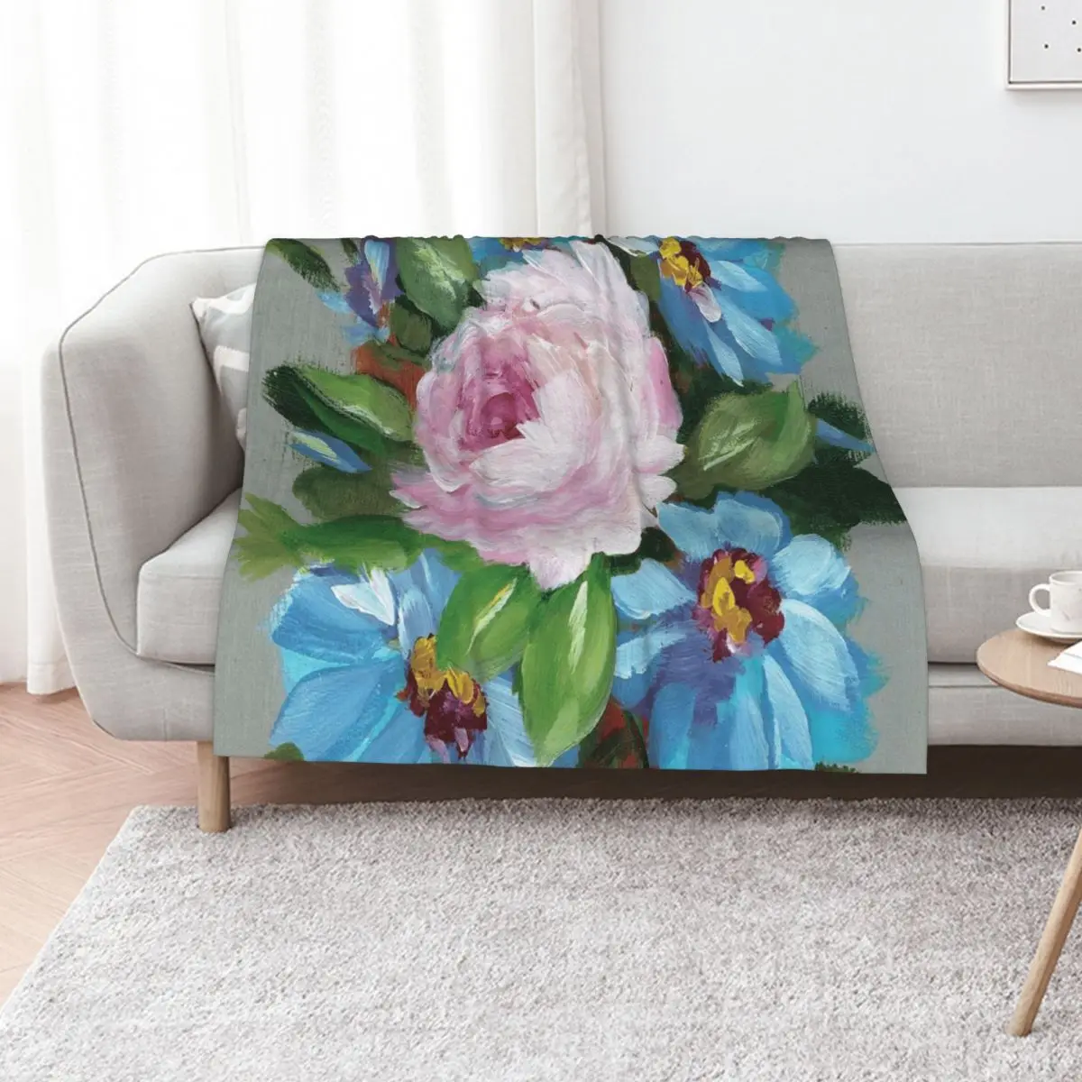 Single Pink Rose Surrounded by Blue Flowers Throw Blanket Tourist Luxury Giant Sofa Loose Heavy Plaid Blankets