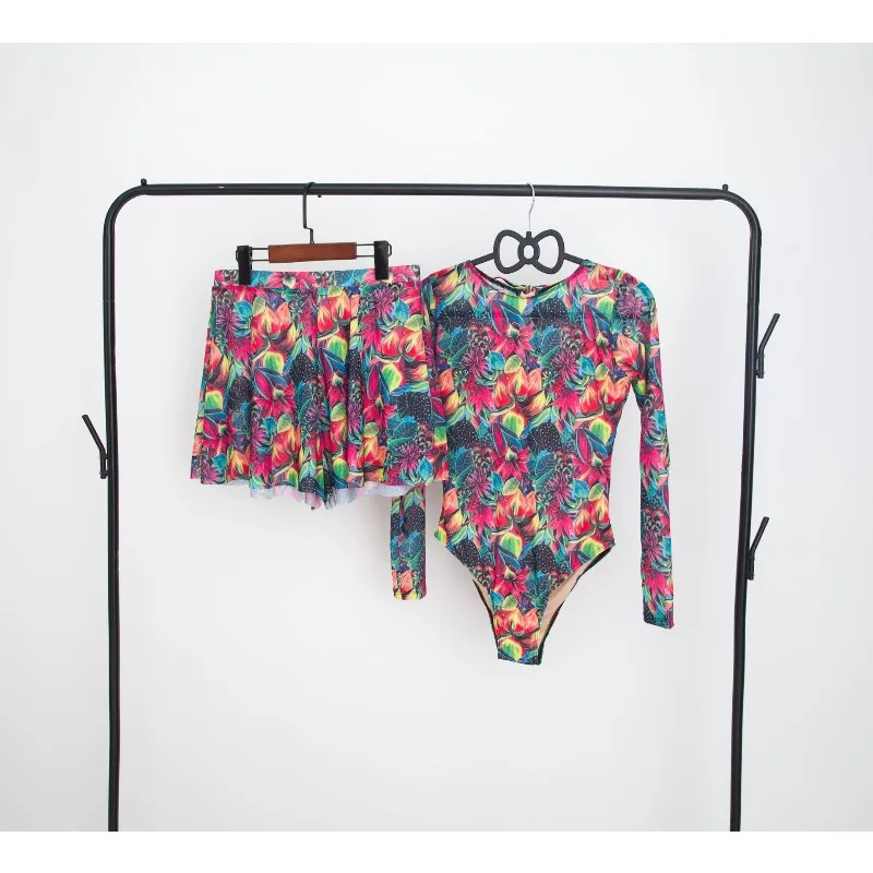 Femmes élégantes 2 pièces maillot de bain Vintage imprimé à manches longues body maillot de bain Mini jupes plage vacances tenues féminines vêtements