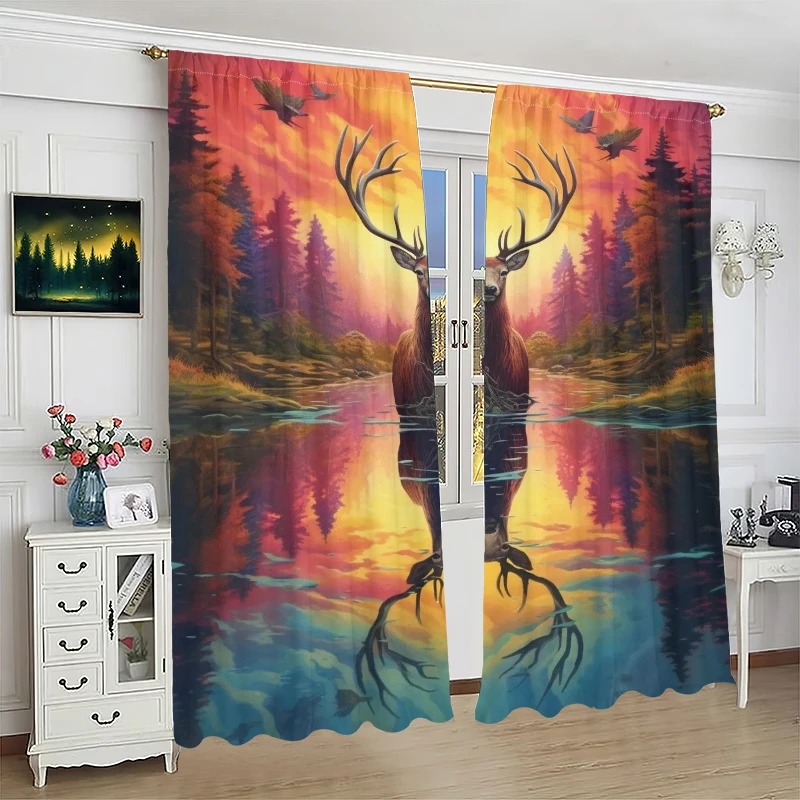 Elk at Sunset -2 pieces - Printed curtain, 100% polyester, perfect for home decor