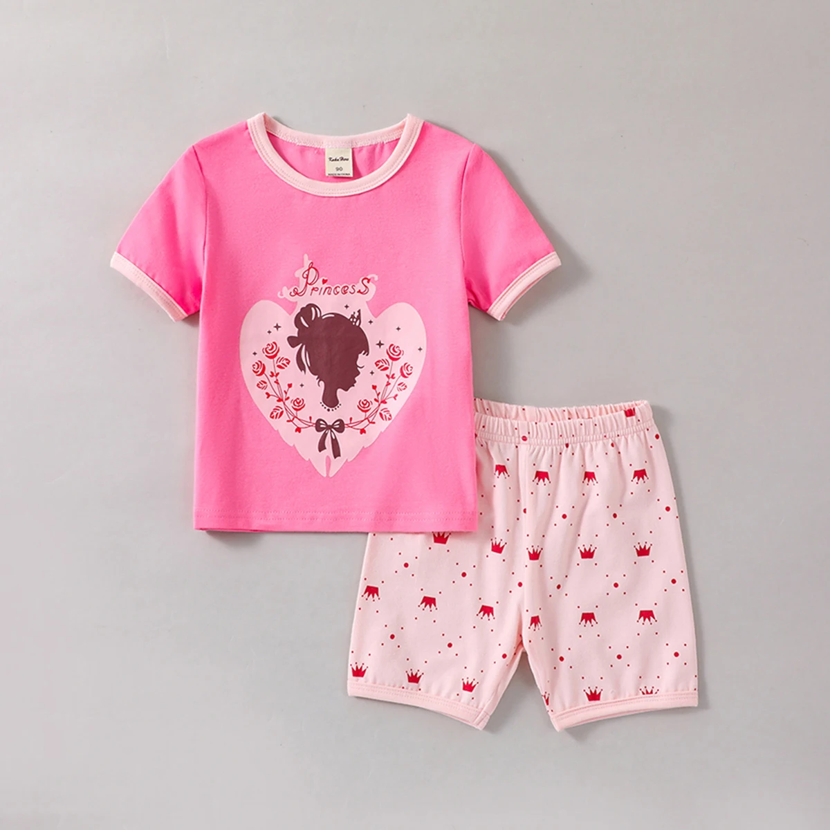 Girls 2-piece Pajama Set Cartoon Floral Princess Print Crew Neck Short Sleeve T-shirt + Matching Shorts Comfy Loungewear