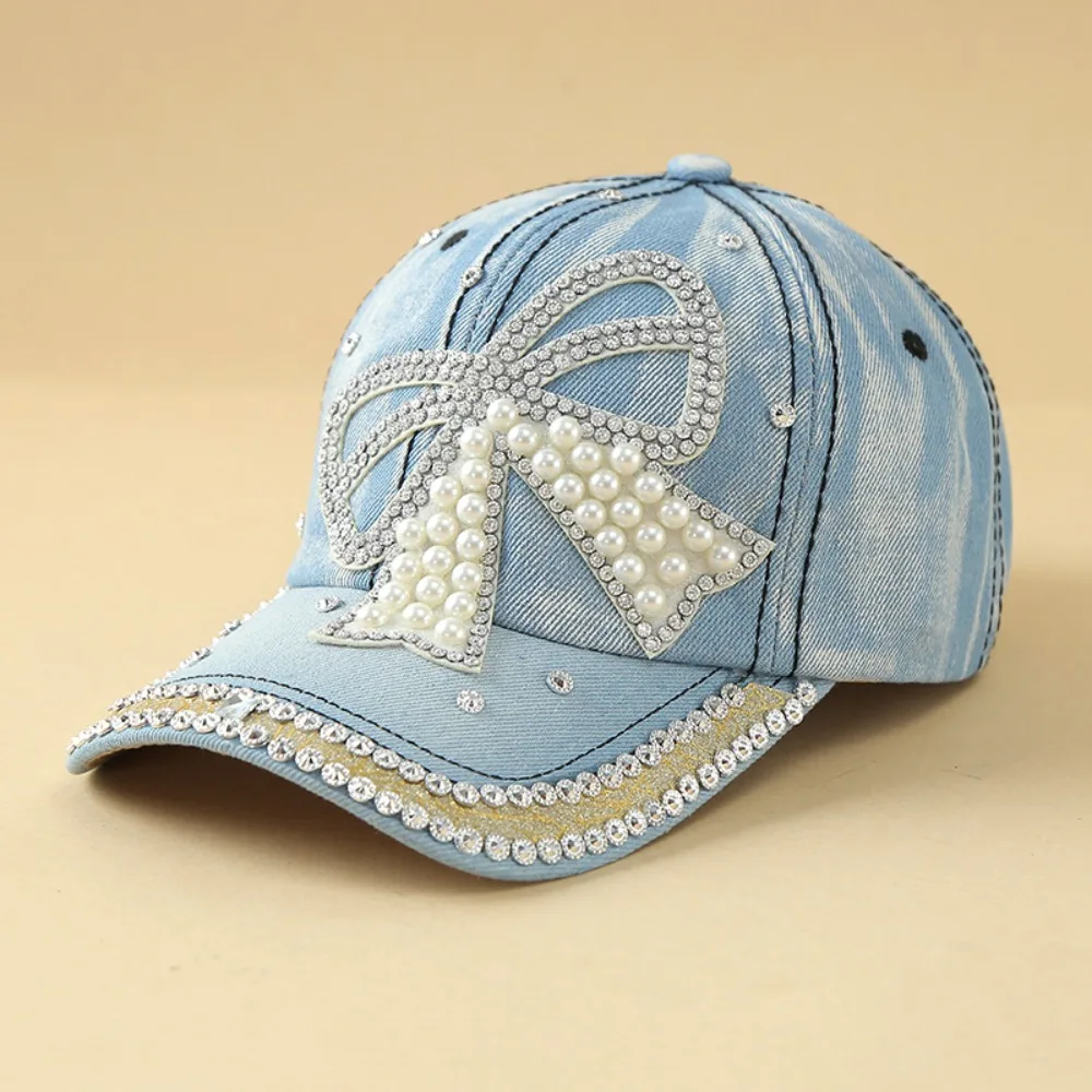 

Fashion Adjustable Denim Baseball Cap with Pearl Embellished Sun Protection Peaked Cap Breathable Versatile Sun Hat Outdoor