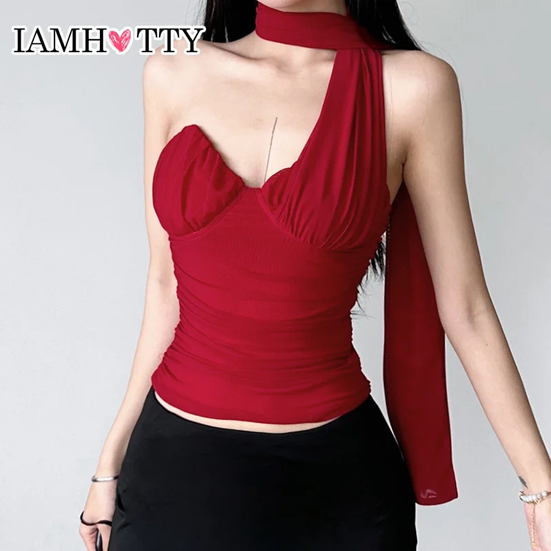 

IAMHOTTY Sexy Milkmaid Tube Top with Padded Red Chic Elegant Backless Crop Top with Multi-wearing Scarf Corset Korean Camisole