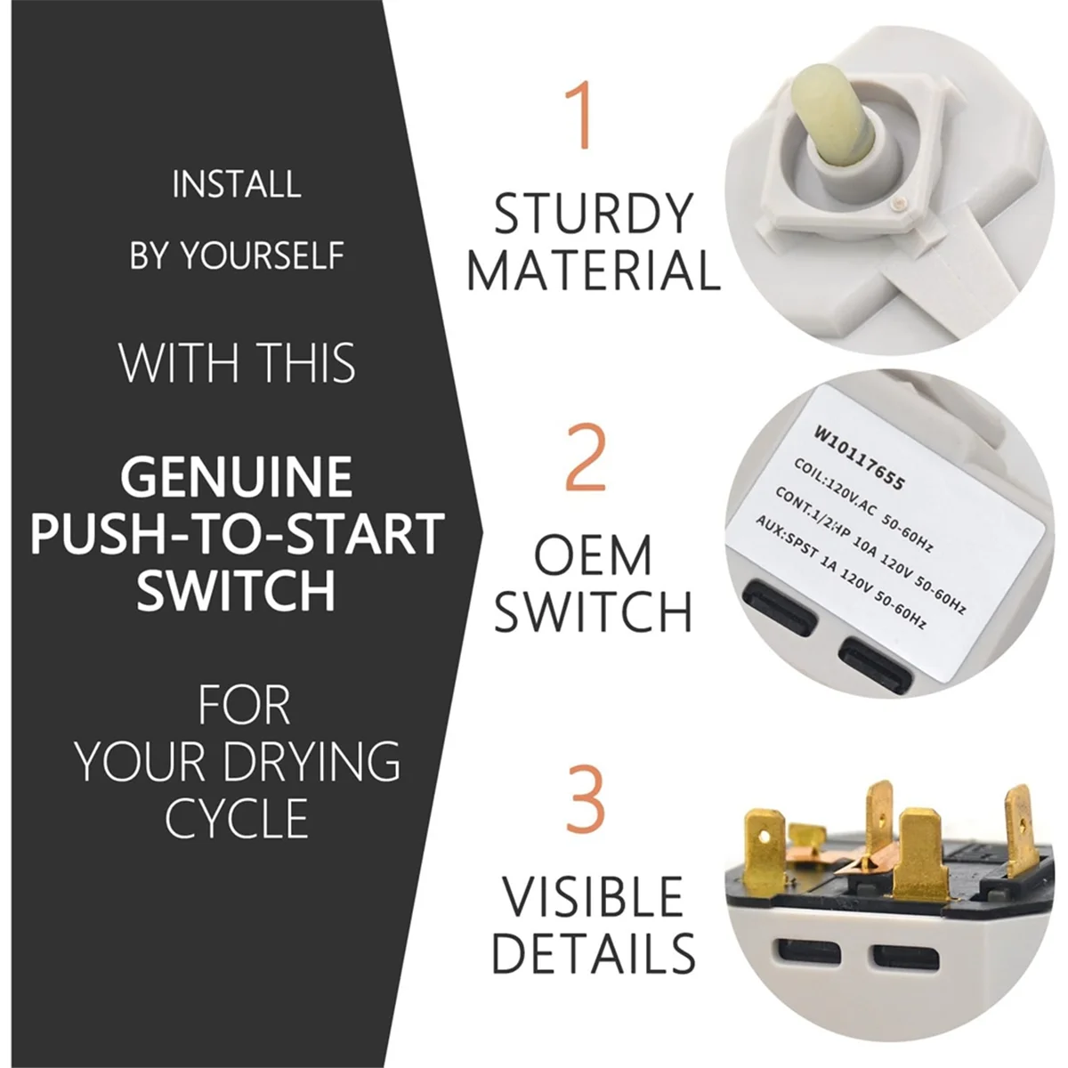 

SSR W10117655 Dryer Switch for Dryer Push to Switch, Replace 1448106 AP6015267