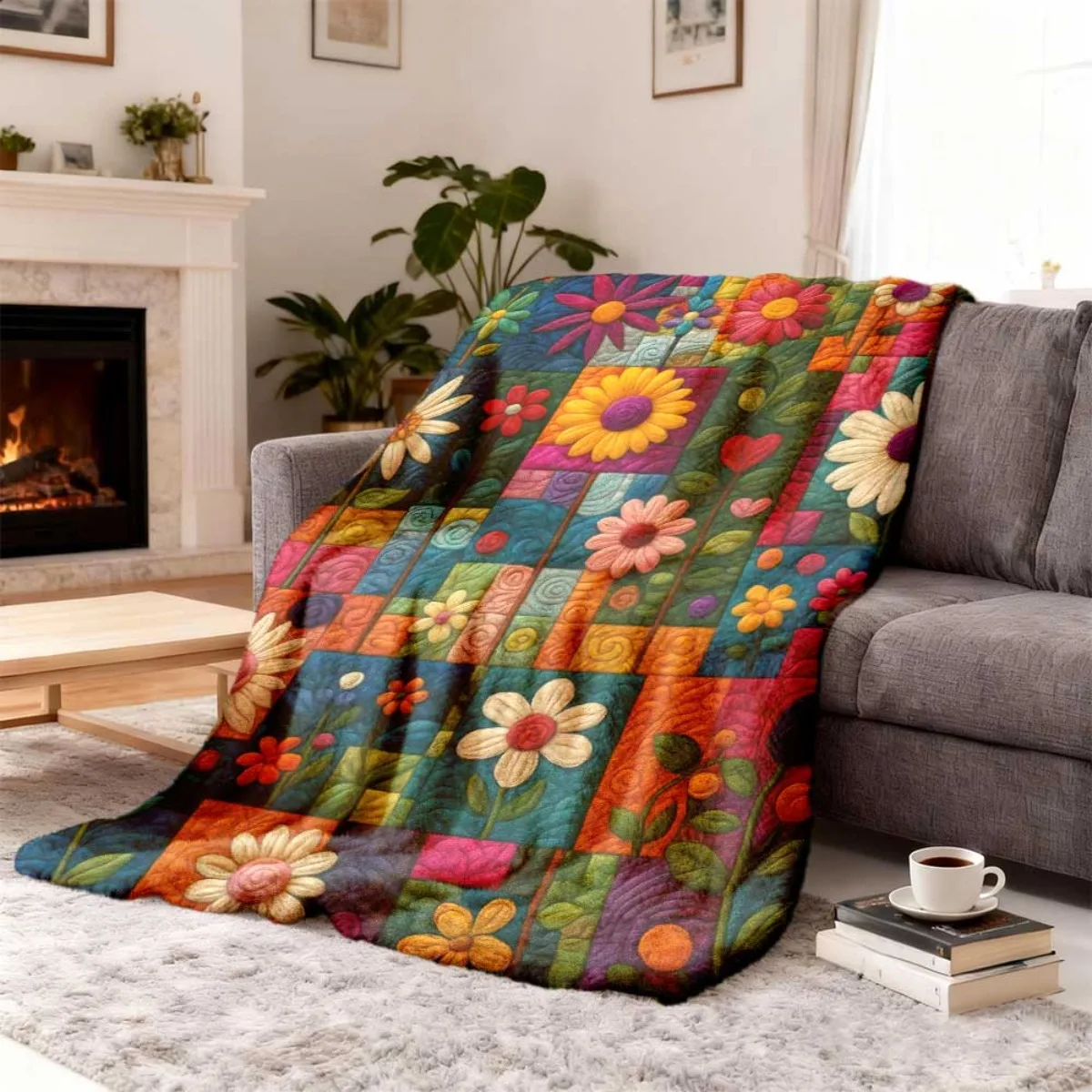 Vintage Floral Handpainted Flannel Blanket | Cozy, Colorful, Artistic Design With Soft Polyester Fabric, Perfect For All Seasons