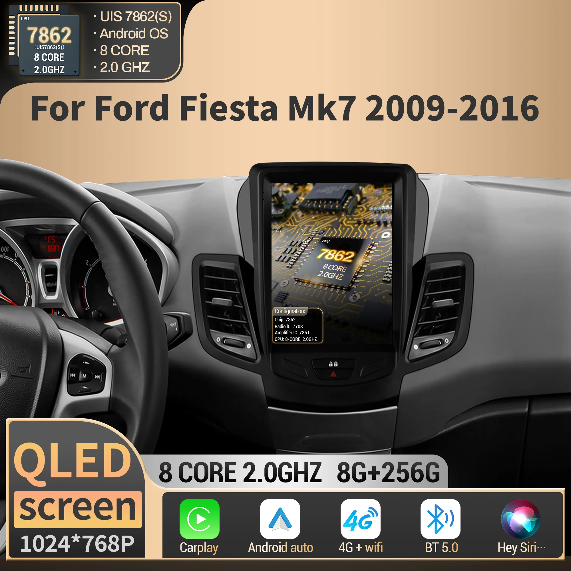 9.7inch For Ford Fiesta Mk7 2009 2010 2011-2015 2016 4G Car Radio Multimedia GPS Stereo Wirelss BT Carplay QLED Screen