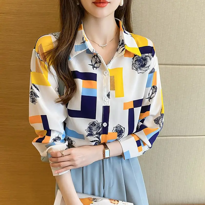 Fashion Leisure Versatile Comfortable Autumn Explosive Digital Printed Shirt Rose Style Versatile Loose and Slimming Top Shirt