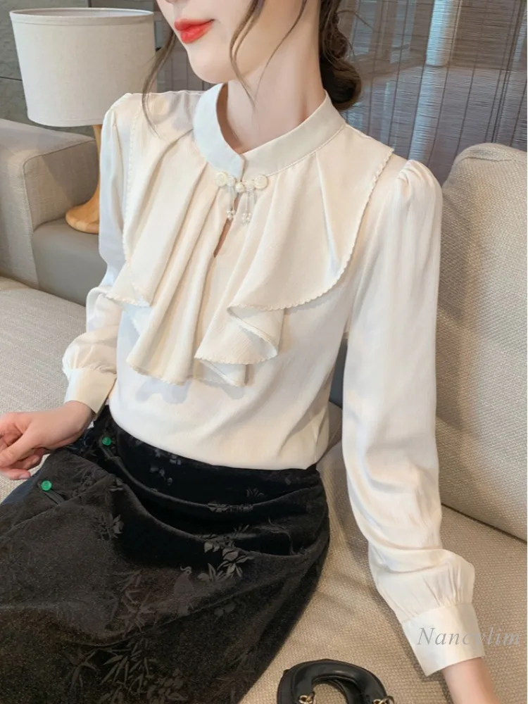 เสื้อชายแขนสั้นผ้าชีฟองสำหรับผู้หญิงเสื้อผ้า2024ใหม่ต้นฤดูใบไม้ร่วงเสื้อเบลาส์ OL สวยเก๋