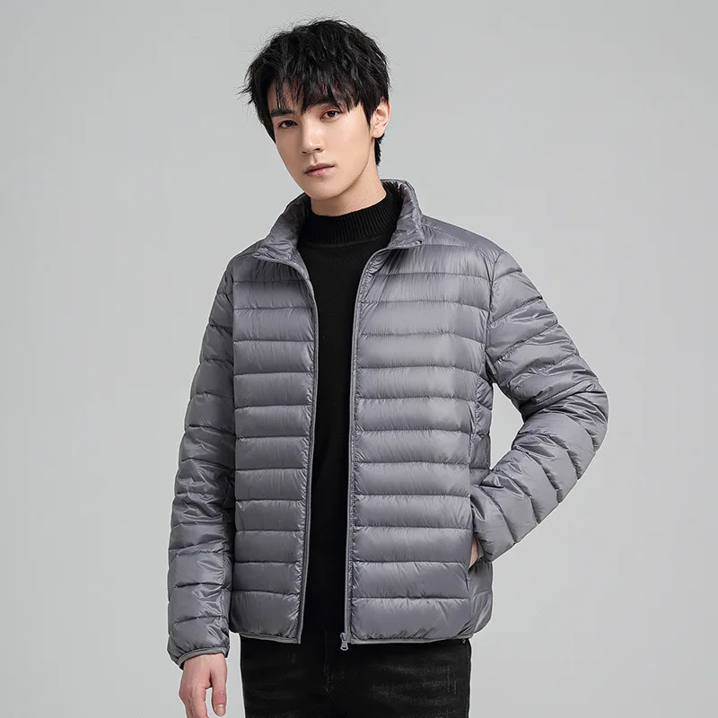 Chaqueta de plumón ligera para hombre, traje informal de terciopelo con cuello levantado, abrigo de plumón de pato blanco cálido y a prueba de frío,