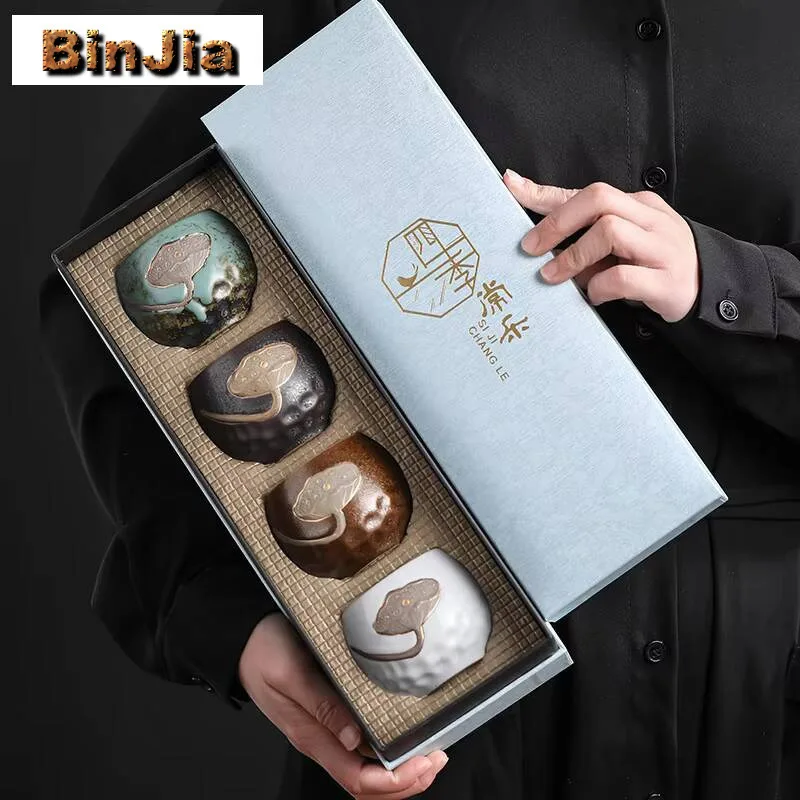 

4pc/lot Four Seasons Cup Lotus Flower Relief Tea Coarse Pottery Kiln Change Bowl Large Master Coffee Mugs Gift Box Collection