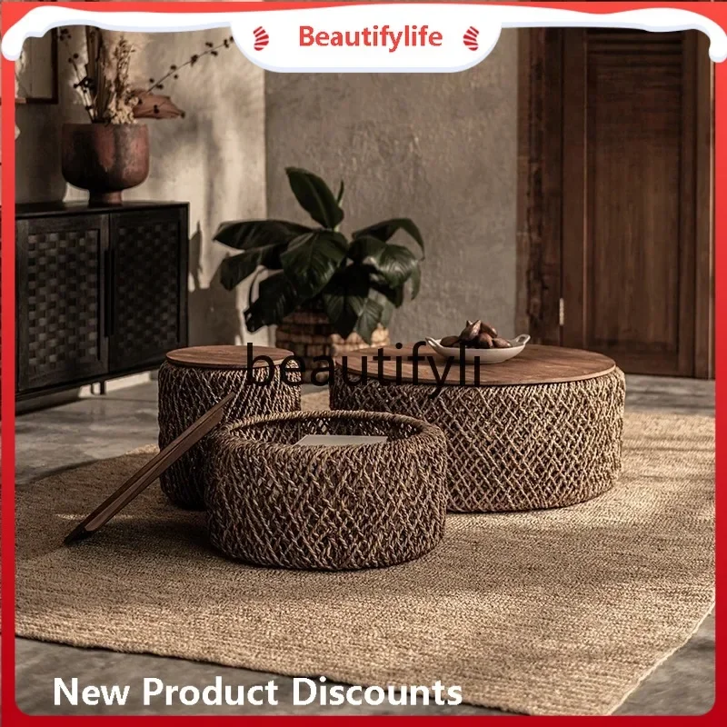 

Rattan woven coffee table Round South East Asia style teak furniture