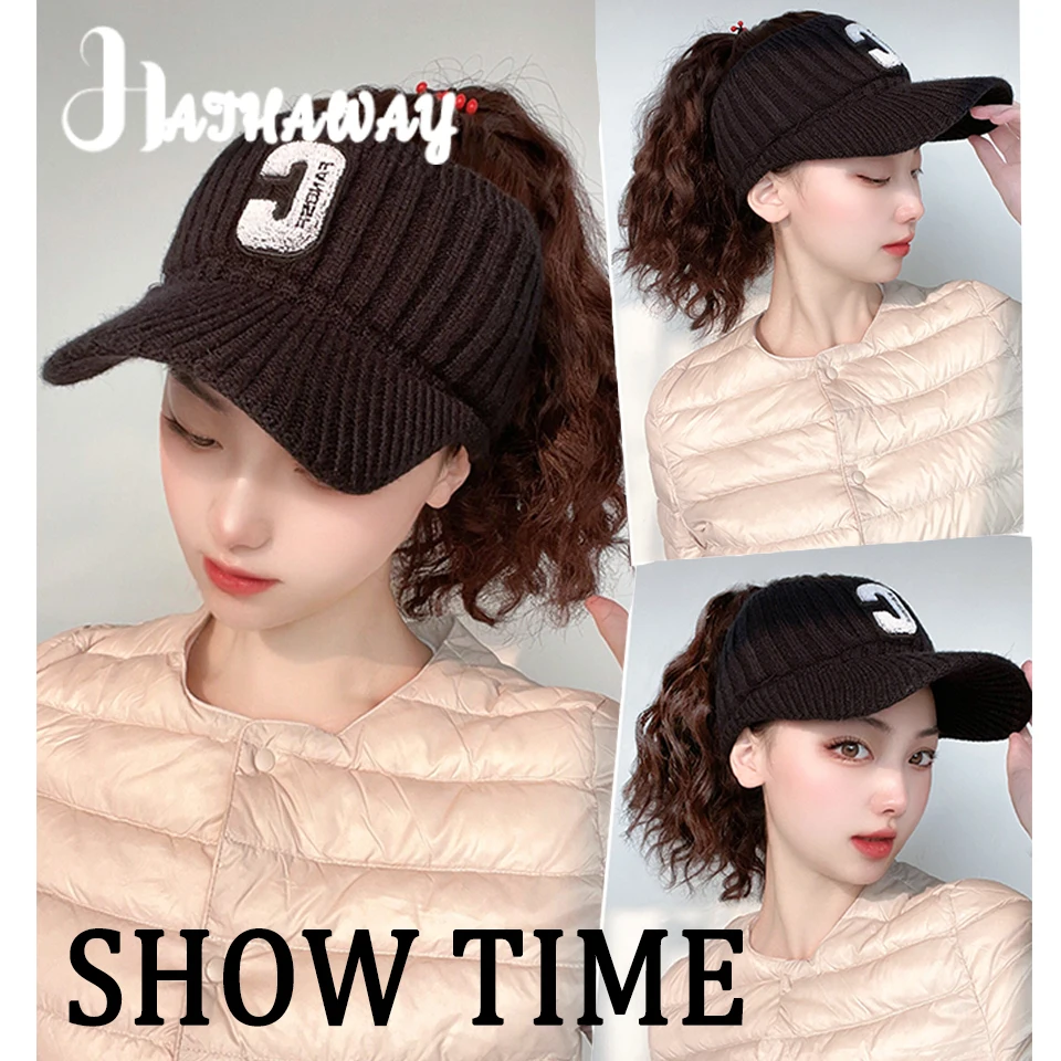 Synthetic Hats And Wigs With High Ponytail Letters In Autumn And Winter Empty Top Hat Short Curly Hair Pear Flower Hot Knitted W