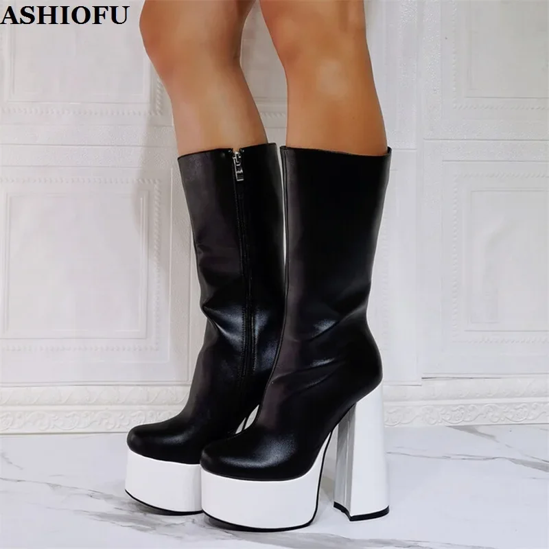 ASHIOFU Handmade New Arrival Women's Super Heels Boots Patchwork Platform Night-club Midcalf Booties Evening Fashion Prom Shoes