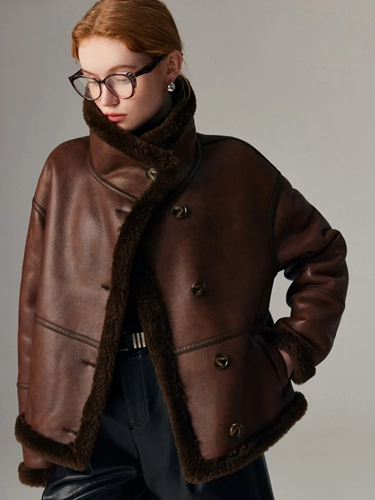 Fashion Women Winter Faux Leather Real Sheep Fur Jacket Thick Warm Wool Lining Coat New Short Style Loose Fit Lambswool Overcoat