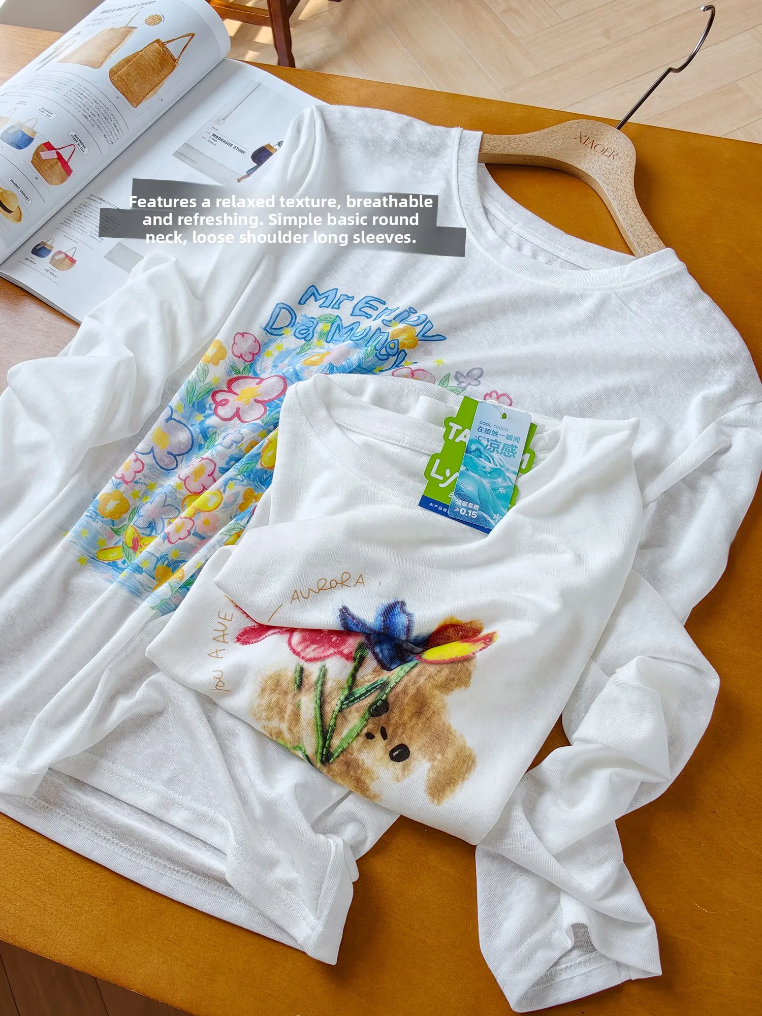 Cool Feeling Lenzing Snowflake Cotton Watercolor Graffiti Print Loose round Neck Long Sleeve T-Shirt for Women Casual Style