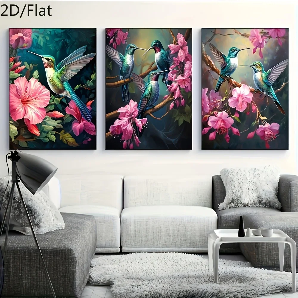 3pcs Canvas Painting frameless 2D Flat, 2D Flat, Set of 3 Hummingbird And Flower Canvas Art, Stunning Decorative Painting of Hum