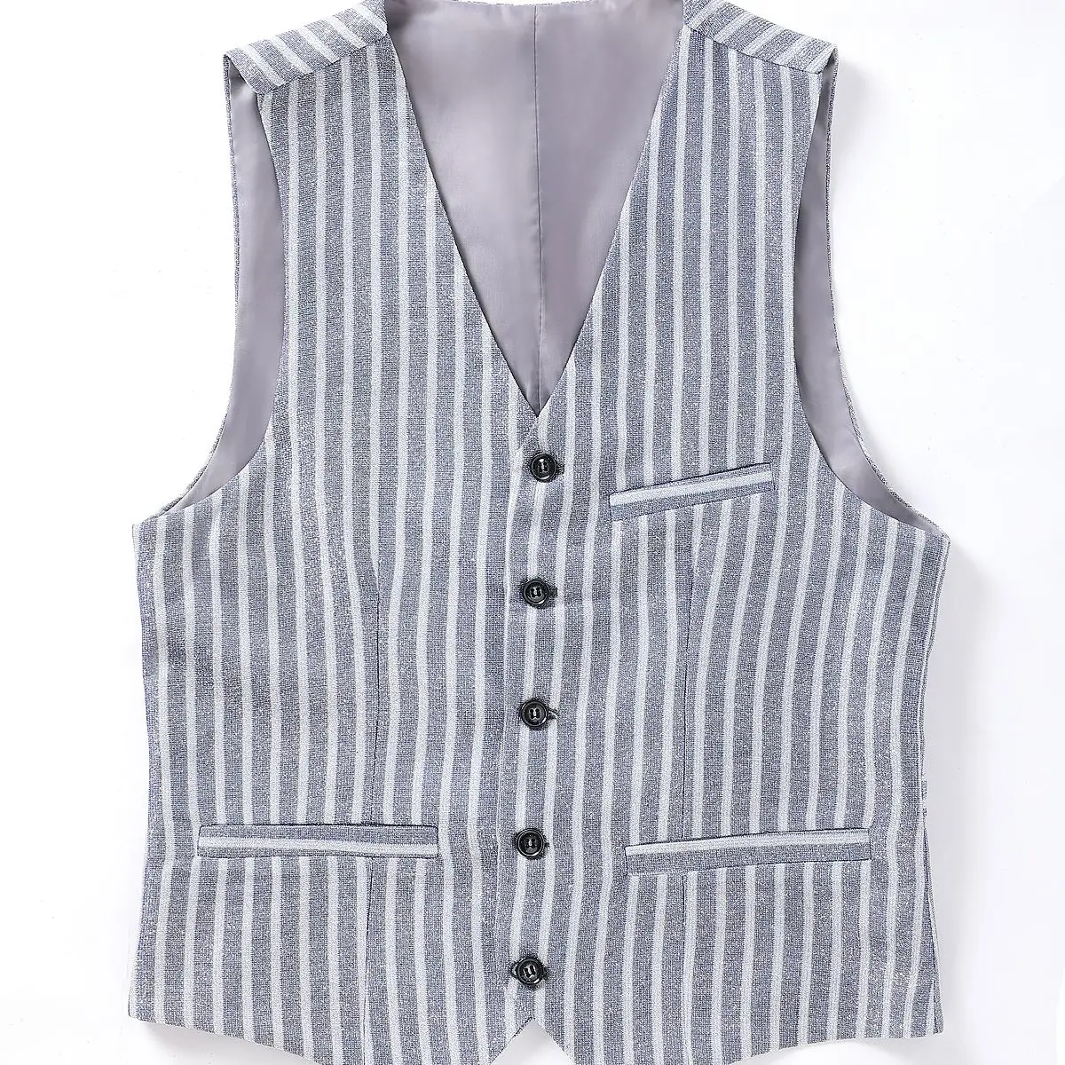 

Men's Silver V-Neck Suit Vests Fashion Formal Slim Fit Business Striated Dress Waistcoat for Tuxedo Wedding Party JJ181