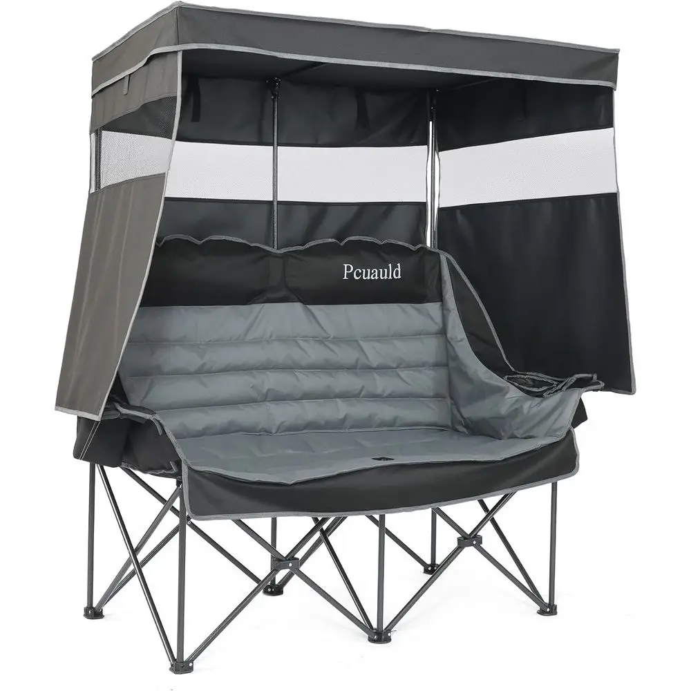 Portable Heavy-Duty 2-Person Camping Loveseat with Shade, Cup Holders, and Wine Racks for Outdoor, Beach, Lawn, and Sports