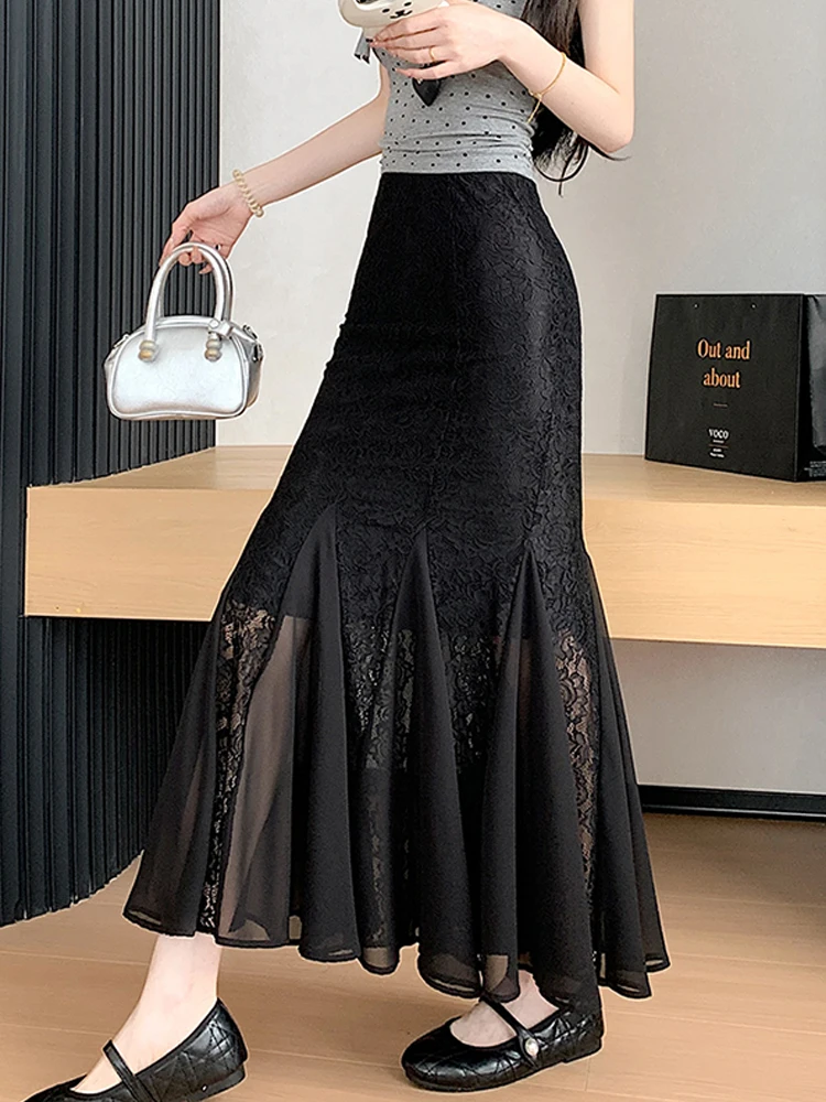 Spitzen-Fischschwanz-Halbrock für Frauen im Sommer, neuer, leichter, luxuriöser, hochwertiger, temperamentvoller, hüftumarmender, plissierter, langer Netzrock